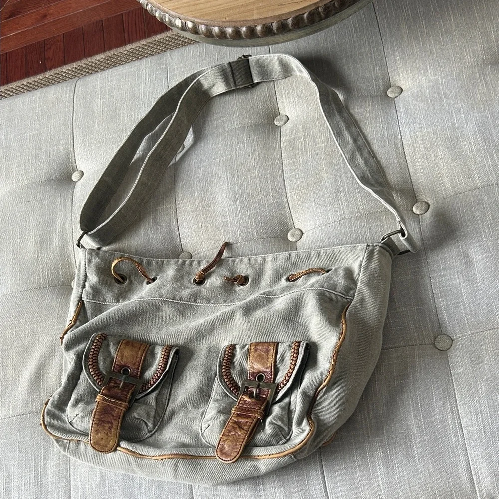 Non Signe Y2K Vintage Green Distressed Denim Double Pocket Messenger Bag